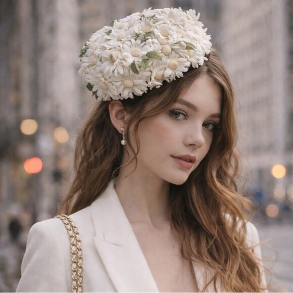 Vintage America Accessories - Vintage Floral Pillbox Hat Daisy Covered Statement Hat Cottagecore Indie Bridal